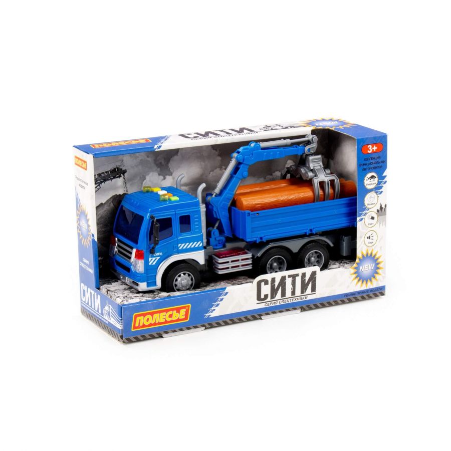 "Сити", автомобиль бортовой с манипулятором инерционный (со светом и звуком) (синий) (в коробке)