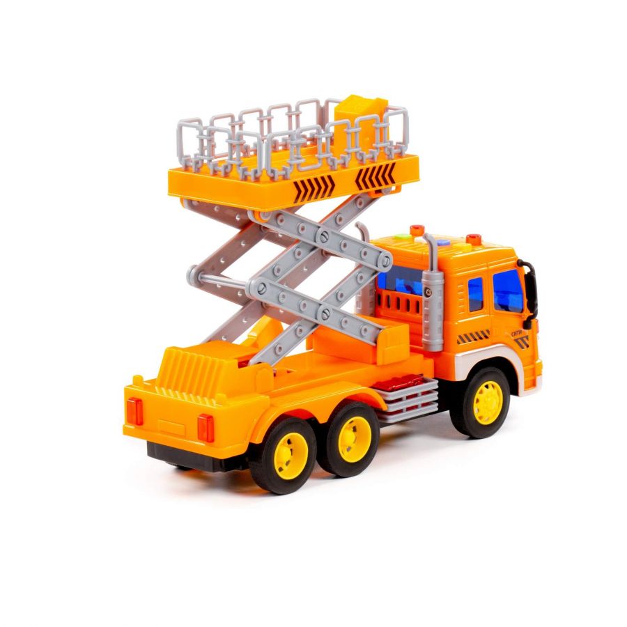 "Сити", автомобиль с подъёмником инерционный (со светом и звуком) (оранжевый) (в коробке)