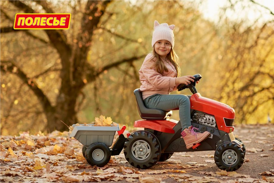 Каталка-трактор с педалями "Turbo" (красная) с полуприцепом