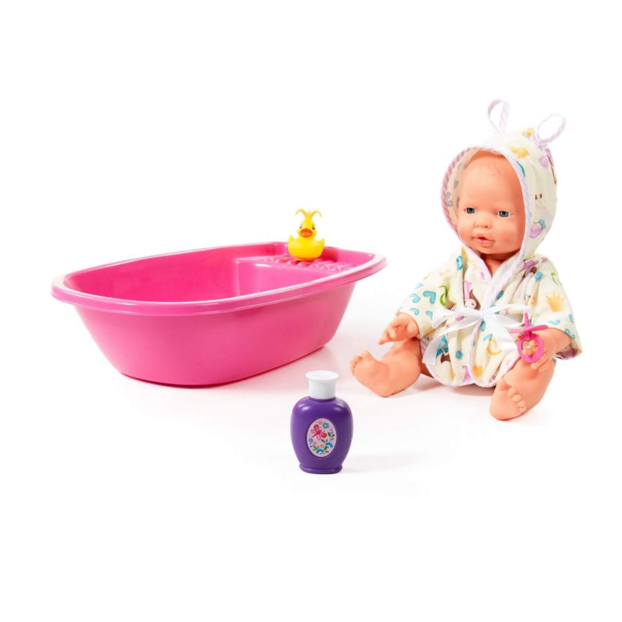 Пупс "Весёлый" (35 см) с соской + ванночка и набор для купания (2 элемента) (в коробке)
