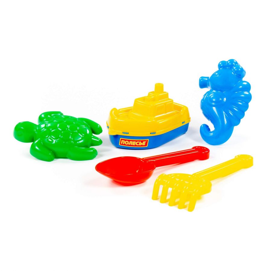 Набор №370: кораблик "Буксир", совок №7, грабельки №7, формочки (морской конёк + черепаха)