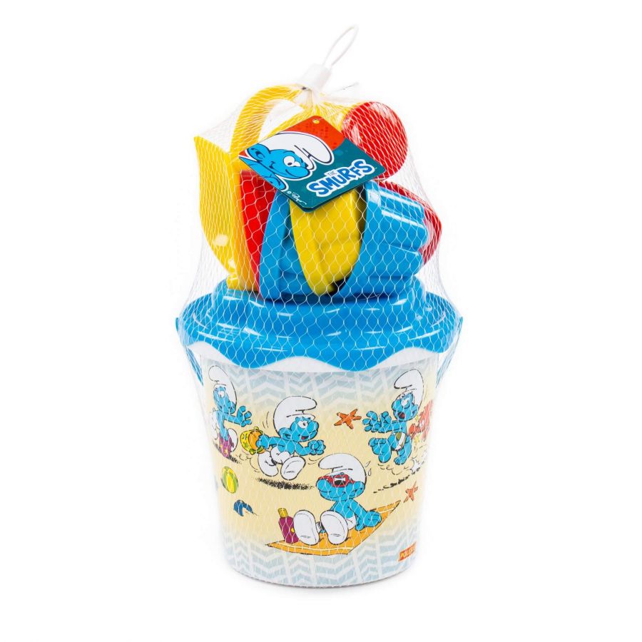 "Смурфики-1" набор №3: ведро с наклейкой, ситечко "Солнышко", лопатка №5, грабельки №5, лейка малая №4, формочки 4 шт.