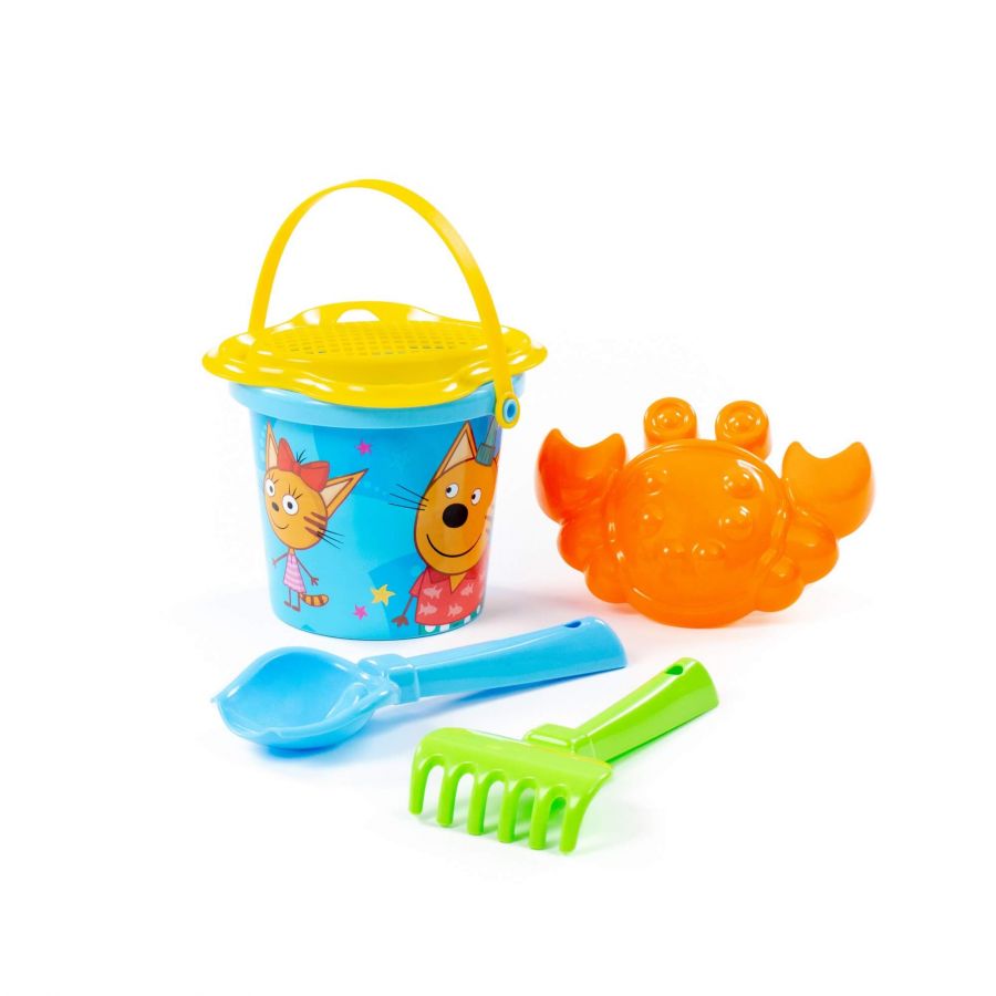 Песочный набор "Три кота и море приключений" №1: Ведро малое с наклейкой, ситечко-цветок, совок №2, грабельки №2, формочка (краб №2)