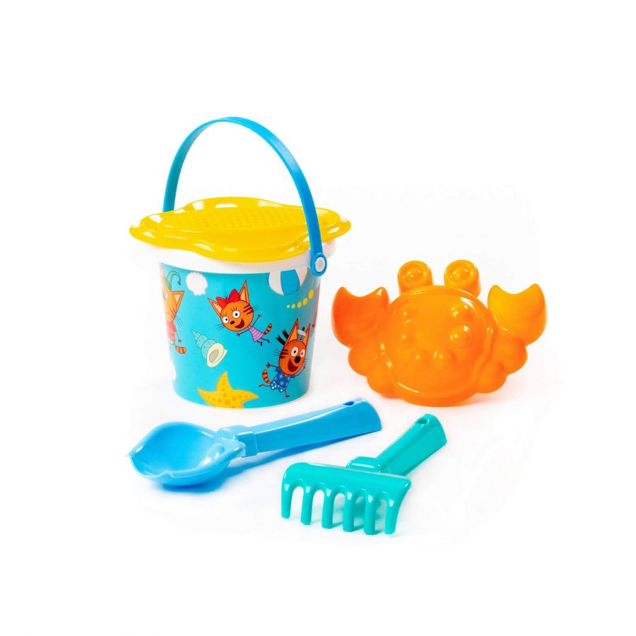 Песочный набор "Три кота и море приключений" №1: Ведро малое с наклейкой, ситечко-цветок, совок №2, грабельки №2, формочка (краб №2)