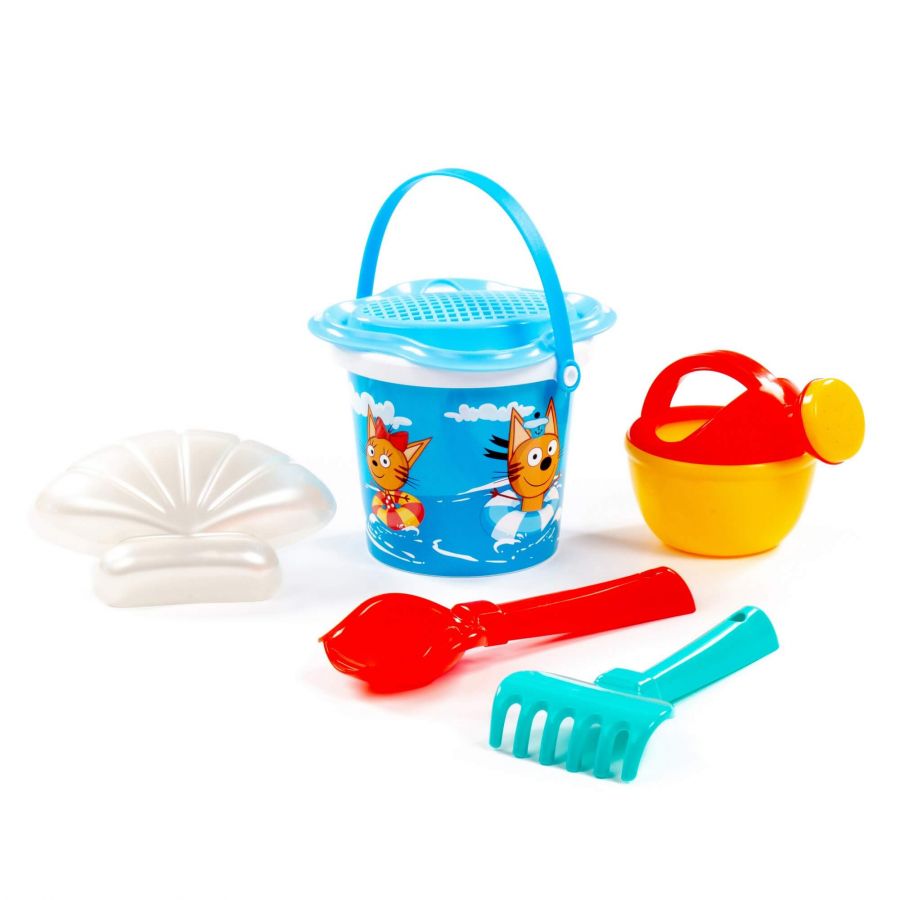 Песочный набор "Три кота и море приключений" №2: Ведро малое с наклейкой, ситечко-цветок, совок №2, грабельки №2, лейка малая №3, формочка (ракушка №2