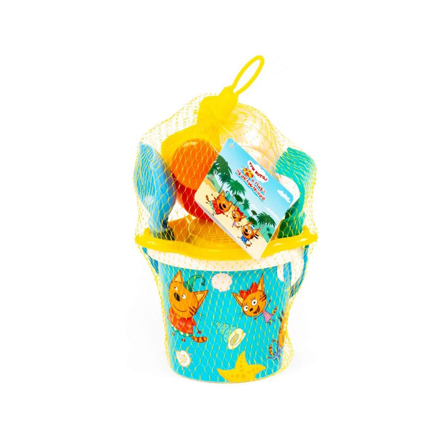 Песочный набор "Три кота и море приключений" №2: Ведро малое с наклейкой, ситечко-цветок, совок №2, грабельки №2, лейка малая №3, формочка (ракушка №2