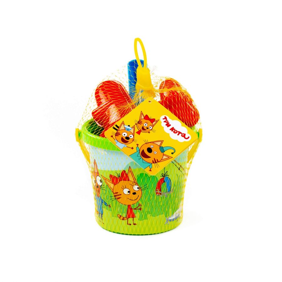 Песочный набор "Три кота. Мир приключений" №1: Ведро малое с наклейкой, совок №2, грабельки №2, формочка (самолёт)