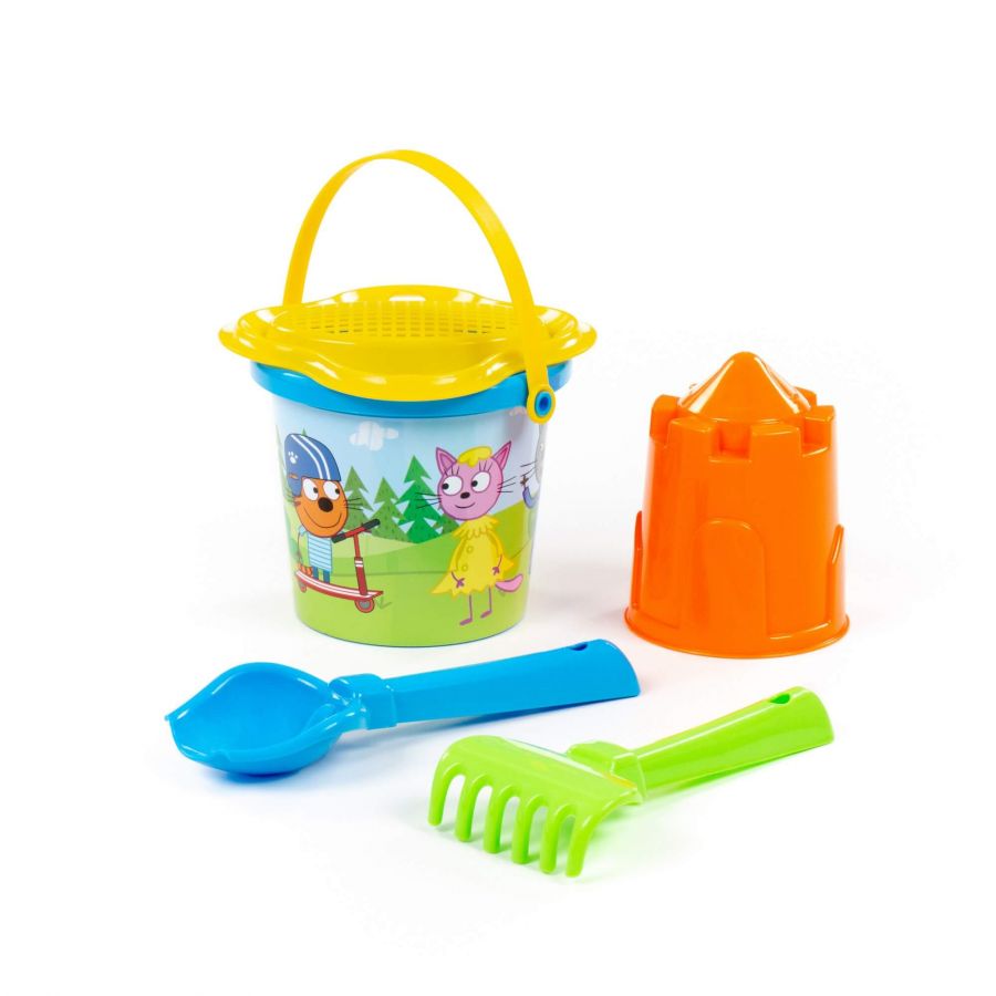 Песочный набор "Три кота. Мир приключений" №2: Ведро малое с наклейкой, ситечко-цветок, совок №2, грабельки №2, формочка (замок башня)