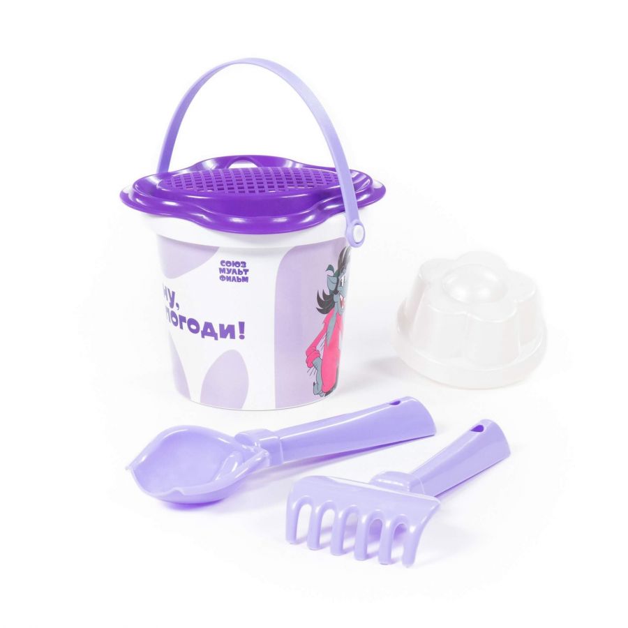 Набор "Ну, погоди!" №2: ведро малое с наклейкой, совок №2, грабельки №2, ситечко-цветок, 1 формочка
