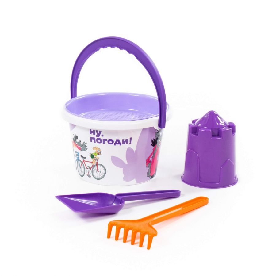 Набор "Ну, погоди!" №4: ведро среднее с наклейкой, ситечко, лопатка, грабельки, формочка (замок башня)