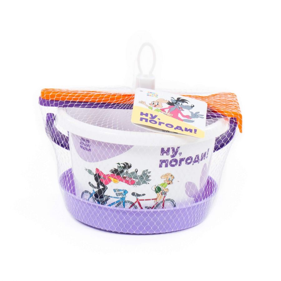 Набор "Ну, погоди!" №4: ведро среднее с наклейкой, ситечко, лопатка, грабельки, формочка (замок башня)