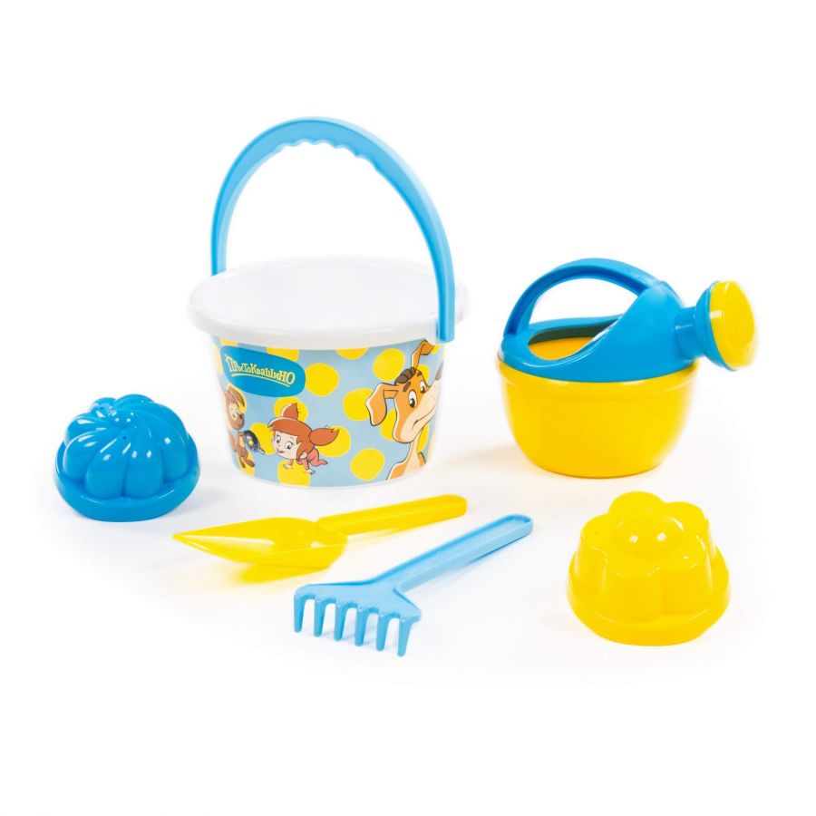 Набор "Простоквашино" №4: ведро среднее с наклейкой, лопатка, грабельки, 2 формочки, лейка малая №4