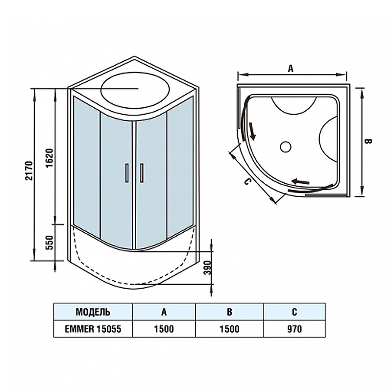 Душевой бокс WeltWasser WW500 Emmer 15055-2 150х150 10000004658 профиль Хром стекло прозрачное схема 15