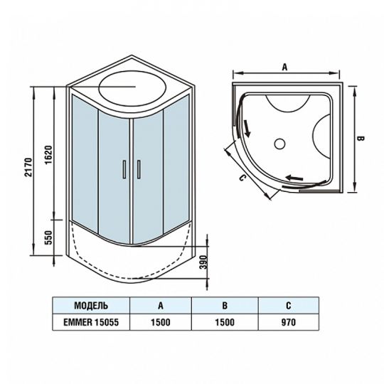 Душевой бокс WeltWasser WW500 Emmer 15055-2 150х150 10000004658 профиль Хром стекло прозрачное схема 15