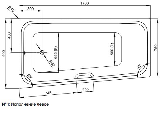 Трапециевидная ванна Bette Space M 1131 левая 170x90 схема 2