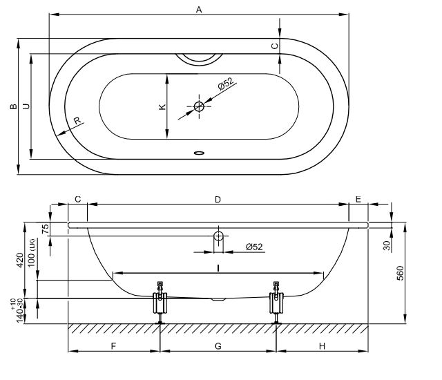 Овальная встраиваемая ванна Bette Starlet Oval 2745 195х95 схема 2