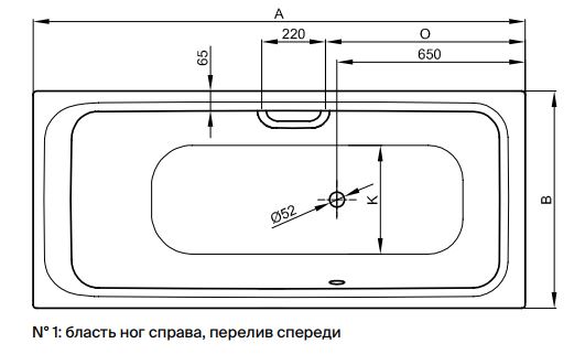 Прямоугольная стальная ванна Bette Select с боковым переливом 3420 правая 160х70 схема 2