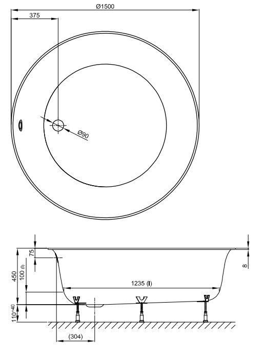 Круглая встраиваемая ванна Bette Pond 6045 150х150 схема 2