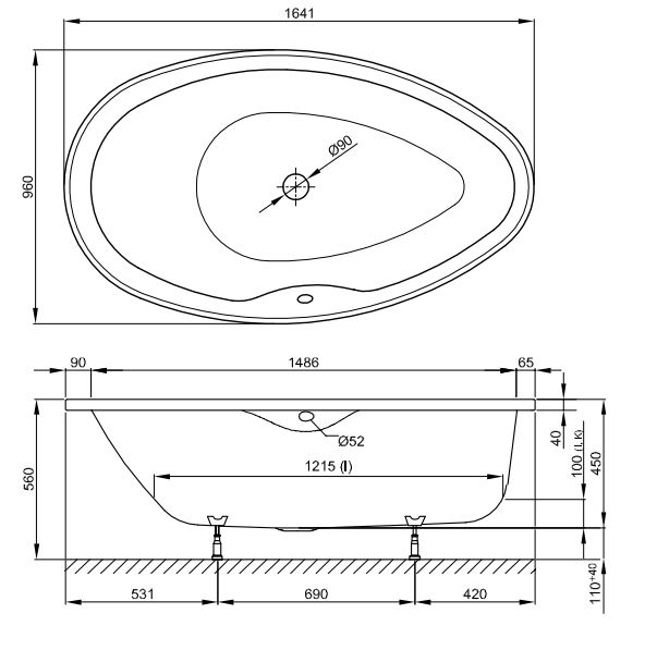 Овальная встраиваемая ванна Bette Pool Oval 6050 164х96 схема 2