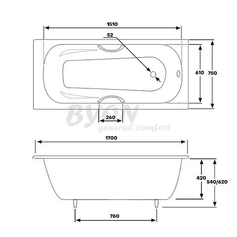 Чугунная ванна Byon B15 170x75 V0000221 с ручками схема 2