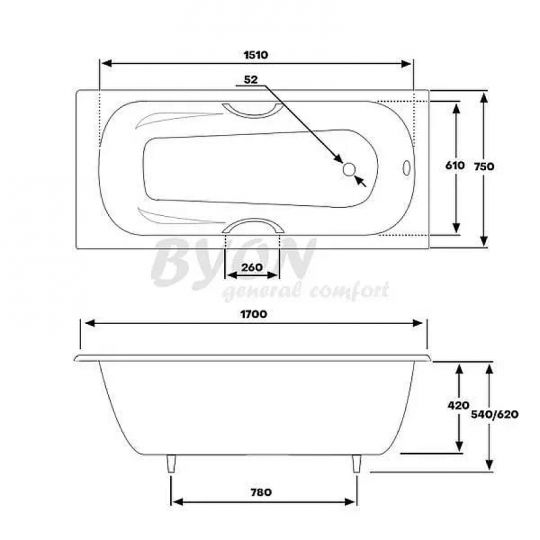 Чугунная ванна Byon B15 170x75 V0000221 с ручками ФОТО