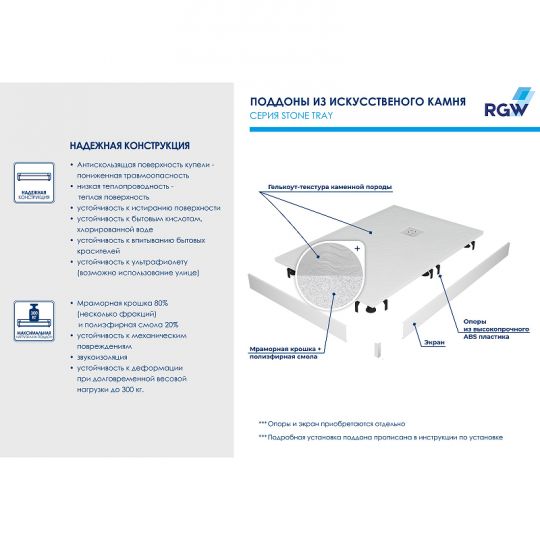 Душевой поддон из искусственного камня RGW Stone Tray STL-127W 120x70 14212712-01 ФОТО