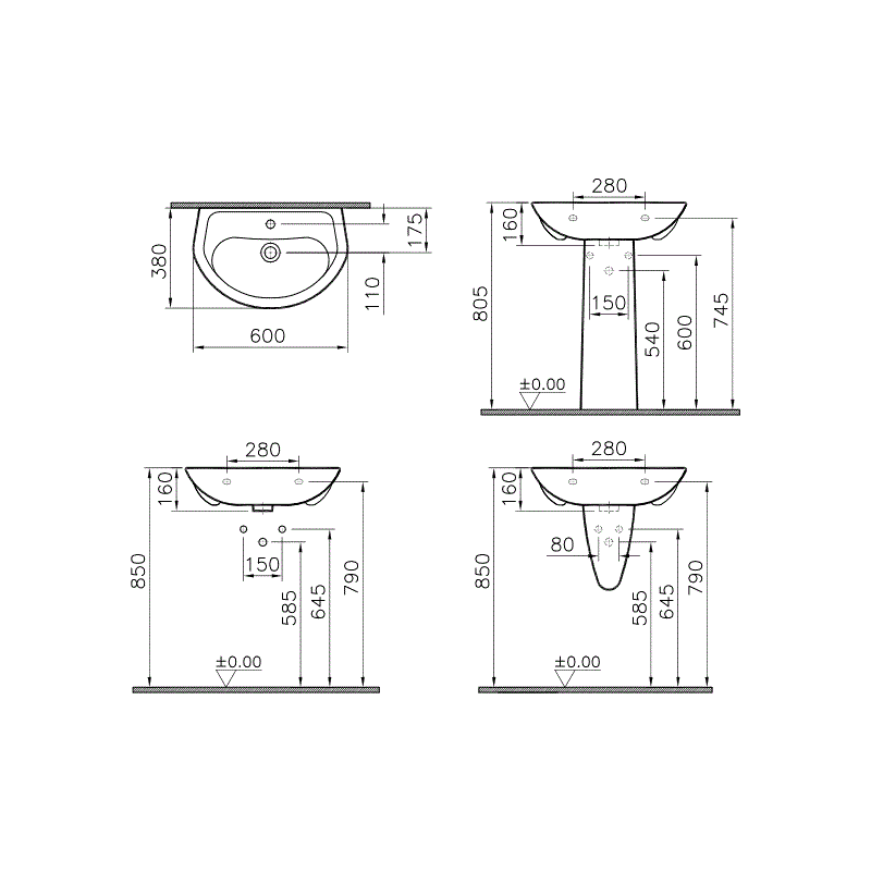 Раковина подвесная 60 см VITRA Arkitekt 6604B003-0001 схема 2