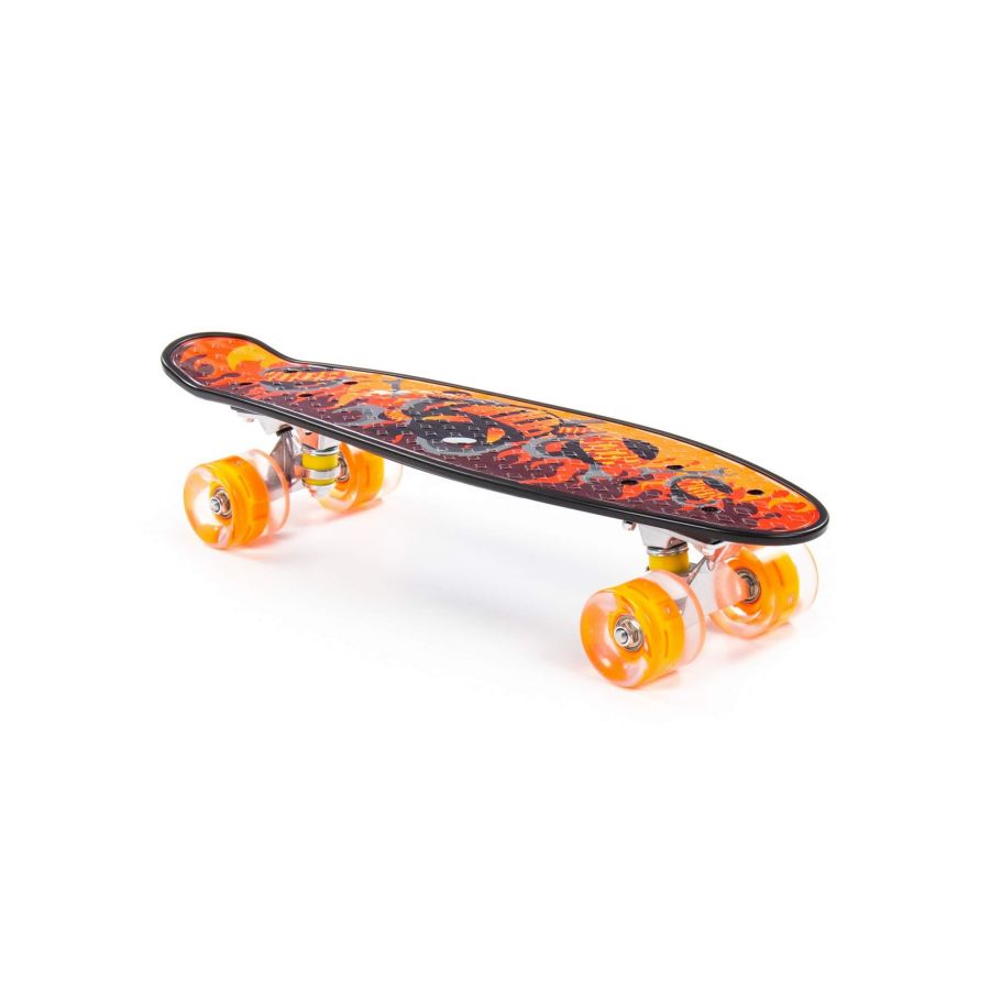 Доска роликовая (56 см) (чёрная) с наклейкой и оранжевыми колёсами