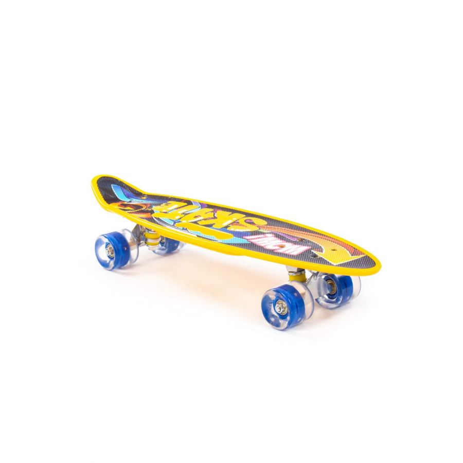 Доска роликовая (59 см) (жёлтая) с наклейкой и синими колёсами