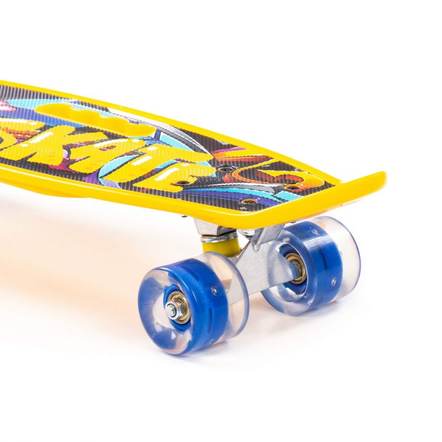 Доска роликовая (59 см) (жёлтая) с наклейкой и синими колёсами