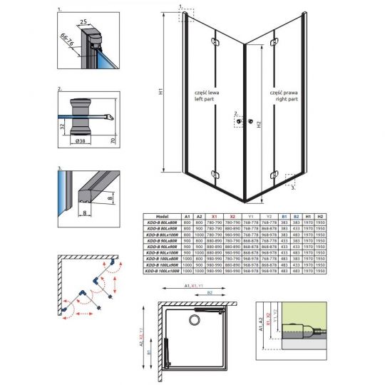 Душевой уголок Radaway Eos KDD B стеклянный цвета хром 100х90 см схема 2