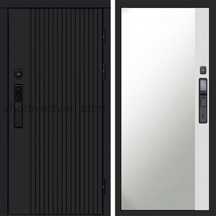 Входная дверь Termo-door ТВИСТ BLACK с электрозамком - Широкое зеркало фацет Белый софт