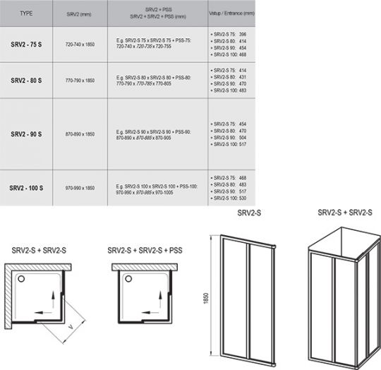 Открытый душевой уголок без крыши Ravak Supernova SRV2-S хром 80х100 см схема 2