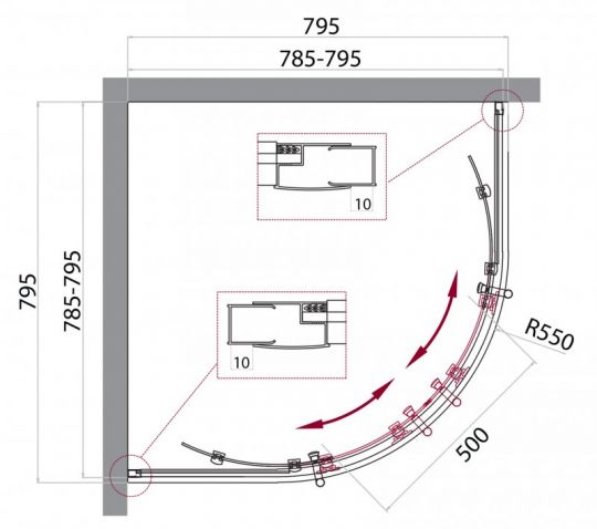 Душевой уголок Belbagno Uno-195 R прозрачное стекло, профиль хром 90х90 см схема 2 Душевой уголок Belbagno Uno-195 R прозрачное стекло, профиль хром 90х90 см схема 2