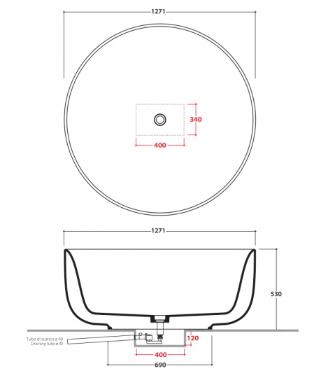 Круглая Ванна Globo Koi KOIBR127 127,1x127,1 см схема 2
