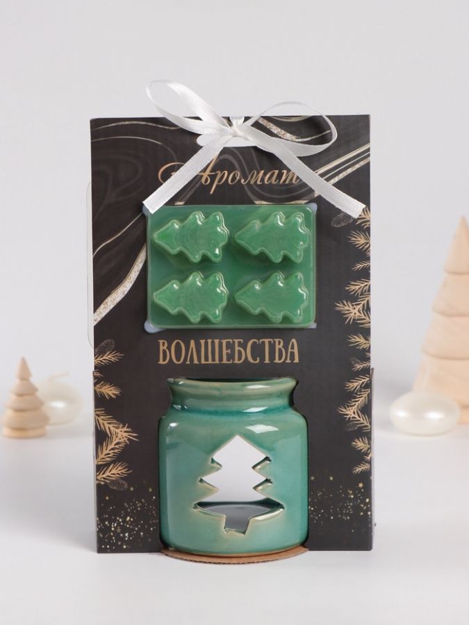Набор: аромалампа для эфирных масел, мелтсы из воска ароматические «Ёлочка», зелёная, 7.5?7.5?8 см