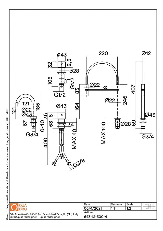 Смеситель кухонный Quadro design Idealaqua Inox 643.12.500.4 AS гидкий излив ФОТО