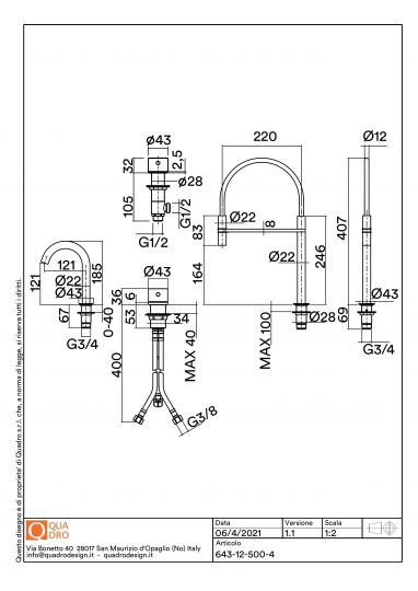 Смеситель кухонный Quadro design Idealaqua Inox 643.12.500.4 AS гидкий излив схема 3