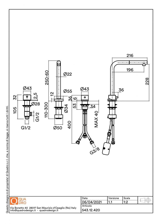 Смеситель кухонный Quadro design Idealaqua Inox 543.12.420 встроенный ФОТО