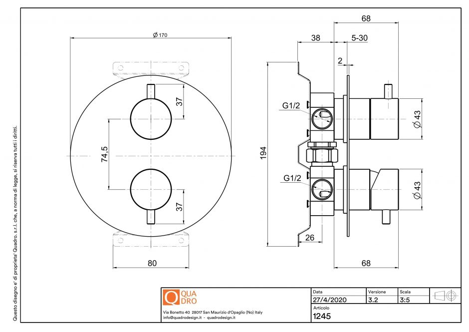 Смеситель для душа Quadro design Source 12 45 AS на 2 потребителя встраиваемый ФОТО