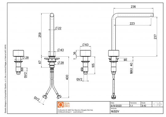 Смеситель для раковины Quadro design Stereo 16 32V высокий 3 отверстия схема 5
