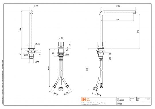 Смеситель для раковины Quadro design Modo 17 08T на два отверстия высокий схема 2