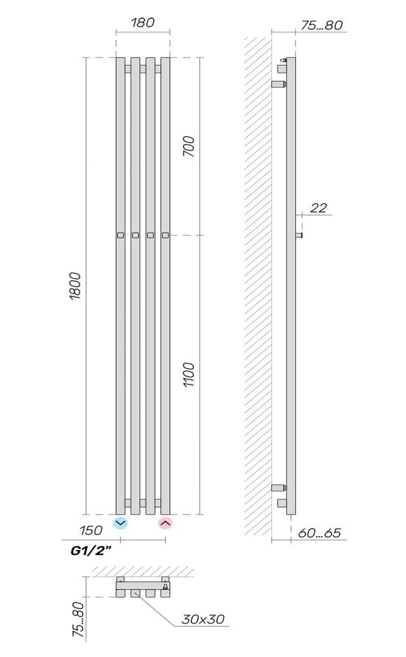 Водяной полотенцесушитель 30х30 Broner Moot Long Bath MB.SS.30.028.120.0000 с крючками 280 мм ФОТО