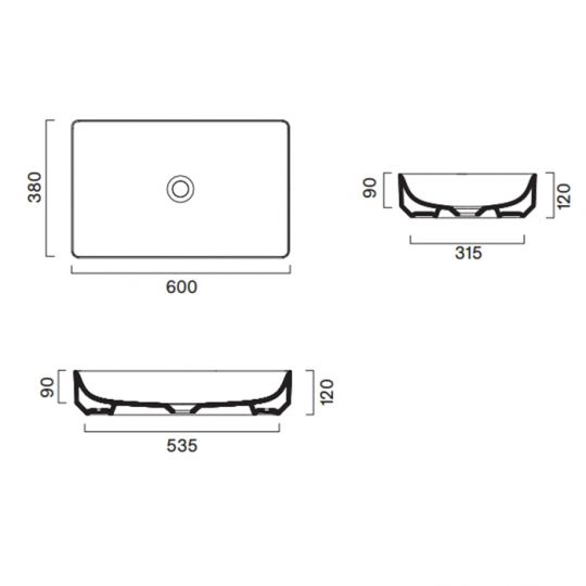 Раковина 60x38 накладная Catalano GREEN без отв. под смеситель покрытие Cataglaze+ цвет белый глянцевый 422600001 схема 2