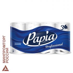 Бумага туалетная, спайка 8 шт., 3-слойная (8×17 м) Papia Professional, белая 112141