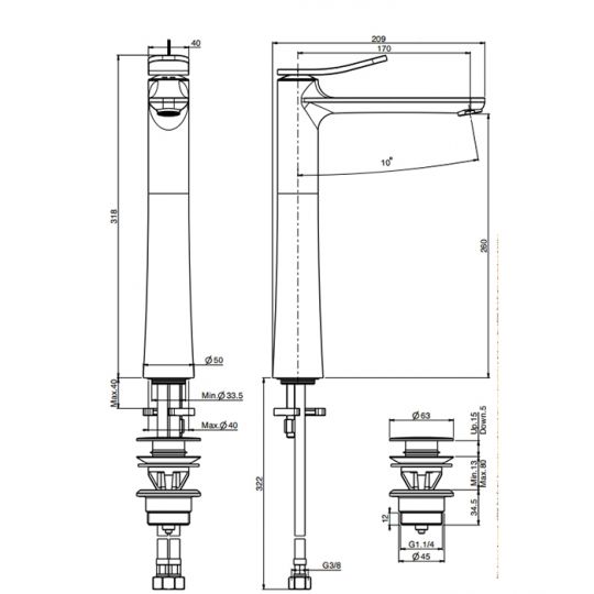 Смеситель для раковины Fima carlo frattini Flo F3801/H излив 170мм схема 2