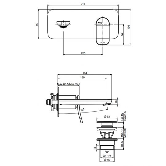Смеситель для раковины настенный Fima carlo frattini Flo F3821WX5 излив 150мм схема 2