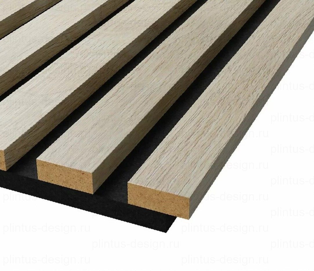 Акустическая панель, черный войлок, рейки МДФ, ясень кристалл, 600х19, 1200 мм