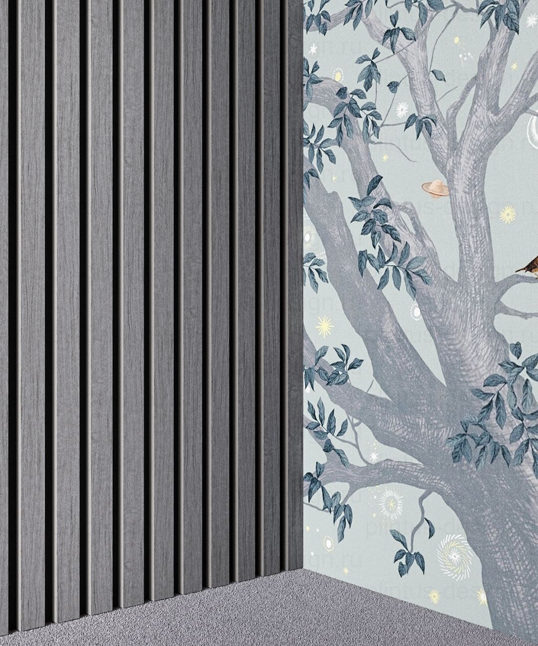 Акустическая панель, черный войлок, рейки МДФ, шпон дуб ардженто светло-серый, 600х21, 600 мм