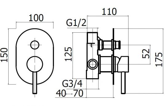 Комплект встраиваемого смесителя Plumberia Selection IXO KIT1001 для душа с внутренней частью 2 выхода схема 2